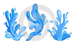 Blue Curved Water Splashes with Drops Vector Set