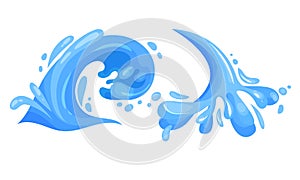 Blue Curved Water Splashes with Drops Vector Set