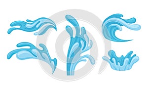 Blue Curved Water Splashes with Drops Vector Set