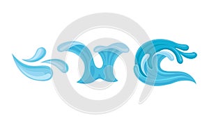 Blue Curved Water Splashes with Drops Vector Set