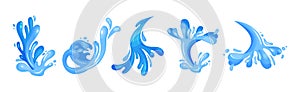 Blue Curved Water Splashes with Drops Vector Set