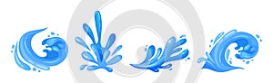 Blue Curved Water Splashes with Drops Vector Set