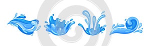 Blue Curved Water Splashes with Drops Vector Set