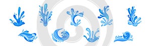 Blue Curved Water Splashes with Drops Vector Set