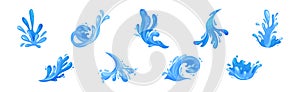 Blue Curved Water Splashes with Drops Vector Set