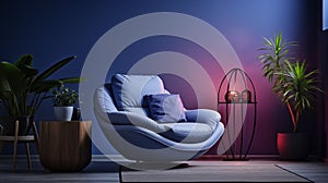 Blue cushy armchair livingroom candles plants ai generated background image photo