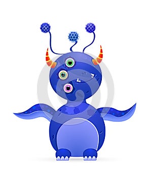 Blue cute monster with three eyes and horn