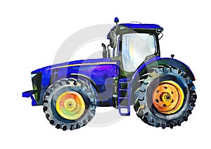 Blue cute tractor isolated on white background. Watercolour.