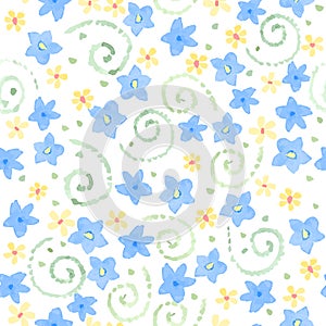 Blue cute watercolor flowers seamless pattern