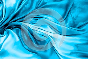 Blue Cyan Silk Background in the Form of Soft Satin Waves with the Watercolor Texture. AI Generated