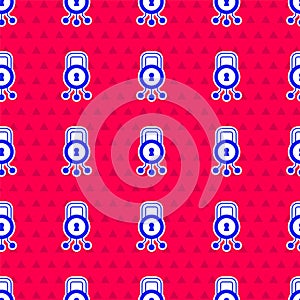 Blue Cyber security icon isolated seamless pattern on red background. Closed padlock on digital circuit board. Safety