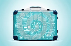 Blue Cybernetics Style Suitcase Plain Background Blank Text Space Travel Suitcase With Pattern photo