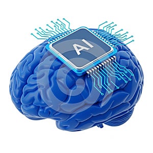 Blue 3D Brain with AI Chip and Circuitry on White Background artificial intelligence