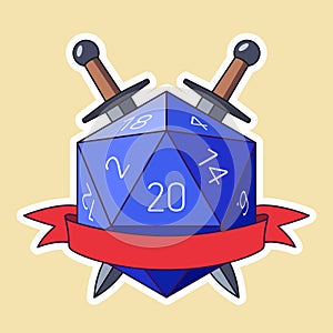 Blue D20 Die With Red Ribbon and Swords. Colored Outline Style