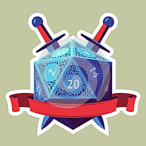 Blue D20 Die With Red Ribbon and Swords. Flat Style photo