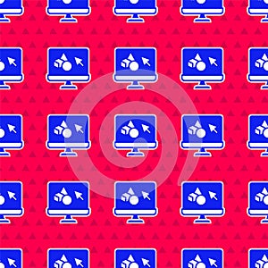 Blue 3D printer software icon isolated seamless pattern on red background. 3d printing. Vector
