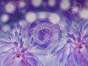 Blue dahlias flowers. blurred violet-blue background. Bright floral composition. card for the holiday. Loving heart.