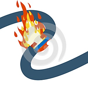 Blue damaged cable with red wire. short circuit. Cartoon flat illustration