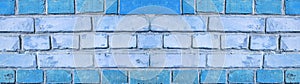 Blue damaged rustic brick wall brickwork stonework masonry texture background banner panorama panoramic pattern
