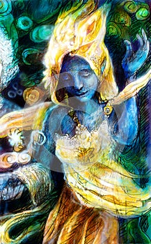 Blue dancing spirit in golden costume with energy lights, mystic