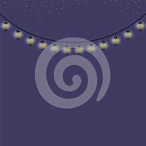 Blue dark night sky with colored lanterns on a string and stars vector illustration garden park light illumination illumination de