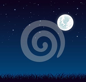 Blue dark night sky with full moon and lot of shiny stars and grass ground silhoutte background