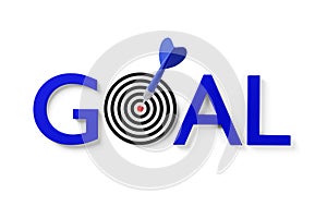 Blue dart arrow hitting center of goal target on the word goal over white background, success, goal achievement or performance