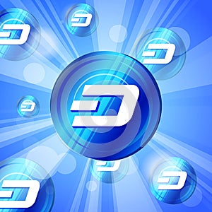 Blue dash coin cryptocurrency in the bright rays of sun effect b