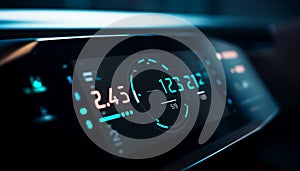 Blue dashboard illuminated with digital speedometer gauge generated by AI