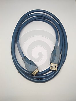 blue data cable for external hard drive with white background