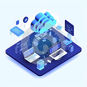 Blue Data Center Technology Icon Isometric Technology Network: Laptop, Server, Cloud, WiFi in Blue
