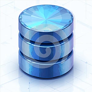 Blue database stack icon with glowing effect on gradient tech background