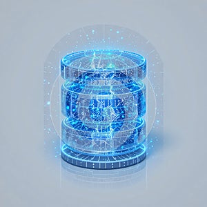 Blue database stack icon with glowing effect on gradient tech background
