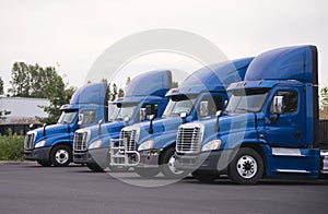 Blue day cab big rig semi truck for local delivery stand in row