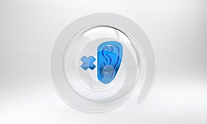 Blue Deafness icon isolated on grey background. Deaf symbol. Hearing impairment. Glass circle button. 3D render