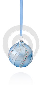 Blue decorations Christmas ball hanging on ribbon Isolated