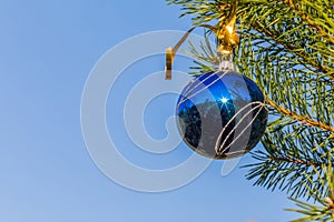 Blue decorative ball on the christmas tree blue sky background.