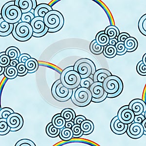 Blue decorative clounds and rainbows watercolored background pattern photo