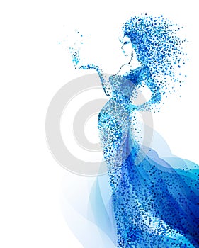 Blue decorative composition with girl. Cyan particles formed abstract woman figure.