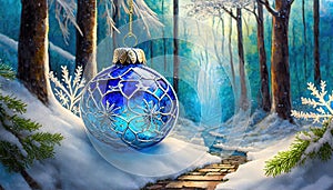 Blue decorative crystal ball for Christmas tree and New Year celebration. Fairy snowy winter forest with narrow path