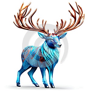 Blue deer with antlers on a white background. 3d rendering Generative AI