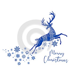 Blue Deer Reindeer Stag stencil drawing with snowflakes.Christmas card.