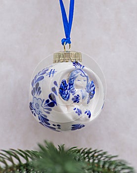 Blue Delftware Christmas tree toy Netherlands closeup shallow D