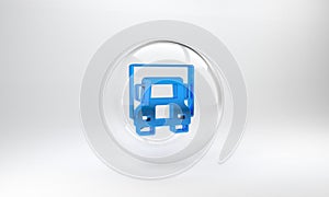 Blue Delivery cargo truck vehicle icon isolated on grey background. Glass circle button. 3D render illustration