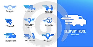 Blu consegna loghi un impostato composto da emblemi simboli un icone. velocemente consegna progetto 