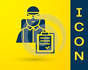 Blue Delivery man with cardboard boxes icon isolated on yellow background. Door to door delivery by courier. Vector