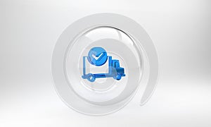 Blue Delivery truck with check mark icon isolated on grey background. Glass circle button. 3D render illustration