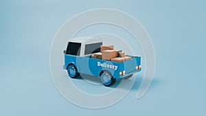 Blue delivery truck with packages, 3d render