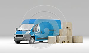 Blue delivery van with cardboard boxes fragile signs. 3d illustration. Post delivery concept