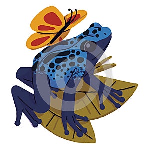 Blue dendrobatidae with butterfly sitting on leaves. Bright poisonous toad, cute dart frog with spotted skin. Wild photo